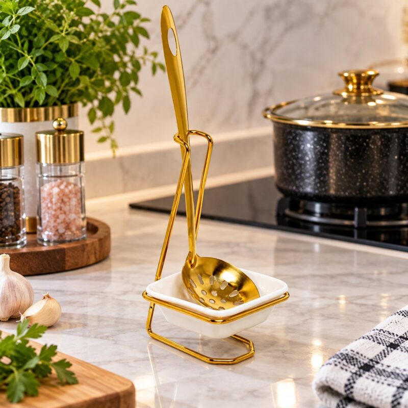 Ceramic Spoon Holder - Luxury Ceramic Spoon Holder with Stainless Steel Slotted Serving Spoon – 1-Piece Gold Utensil Rest & Kitchen Countertop Organiser (view 4)