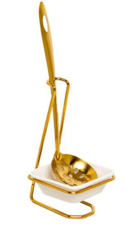 Ceramic Spoon Holder - Luxury Ceramic Spoon Holder with Stainless Steel Slotted Serving Spoon – 1-Piece Gold Utensil Rest & Kitchen Countertop Organiser