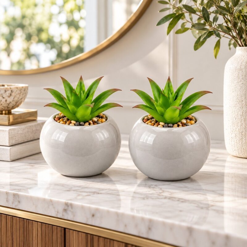 Ceramic Artificial Plant Pots - Artificial Plant Pots - Luxury Set of 4 Ceramic & Plastic Artificial Plant Pots – Grey Decorative Tabletop Planters with Green Foliage for Home, Office & Living Room (view 2)