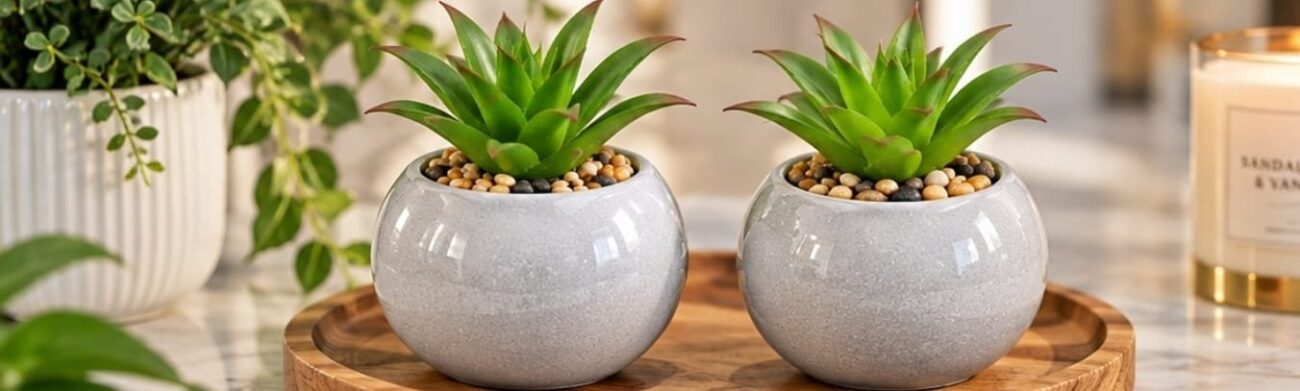 Ceramic Artificial Plant Pots - Artificial Plant Pots - Luxury Set of 4 Ceramic & Plastic Artificial Plant Pots – Grey Decorative Tabletop Planters with Green Foliage for Home, Office & Living Room (view 3)