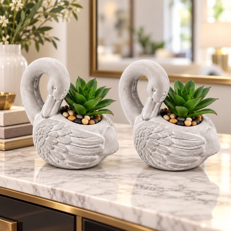 Decorative Planters - Luxury Set of 2 Swan Decorative Planters with Artificial Succulent Plants & Pebbles – Grey Swan Bird Plant Pots for Home, Garden, Living Room & Office Decor (view 2)