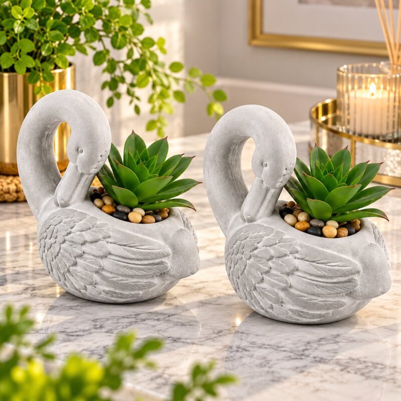 Decorative Planters - Luxury Set of 2 Swan Decorative Planters with Artificial Succulent Plants & Pebbles – Grey Swan Bird Plant Pots for Home, Garden, Living Room & Office Decor (view 3)