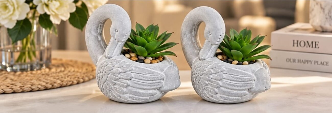 Decorative Planters - Luxury Set of 2 Swan Decorative Planters with Artificial Succulent Plants & Pebbles – Grey Swan Bird Plant Pots for Home, Garden, Living Room & Office Decor (view 4)