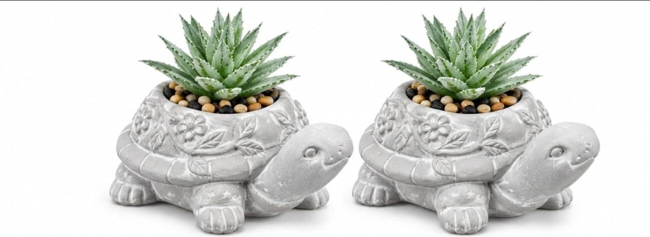 Decorative Planters - Luxury Set of 2 Turtle Decorative Planters with Artificial Succulent Plants & Pebbles – Grey Clay Turtle Plant Pots for Home, Office, Shelf & Table Decor