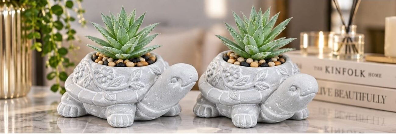 Decorative Planters - Luxury Set of 2 Turtle Decorative Planters with Artificial Succulent Plants & Pebbles – Grey Clay Turtle Plant Pots for Home, Office, Shelf & Table Decor (view 3)