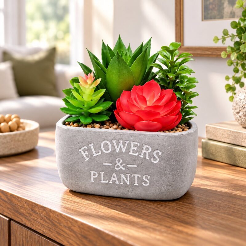 Decorative Planters - Luxury Set of 2 Decorative Planters with Artificial Succulent Flowers – Grey Clay Planter Pots with Plastic Greenery, Pebbles & Flowers & Plants (view 4)