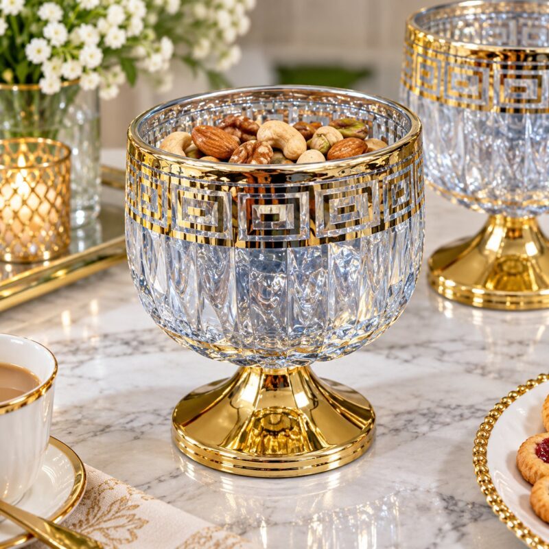 Greek Key Serving Bowl - Serving Bowl Set - Luxury Gold & Clear Decorative Serving Bowl Set of 6 with Greek Key Design – Elegant Footed Snack, Sweet & Dessert Bowl for Table, Parties & Entertaining