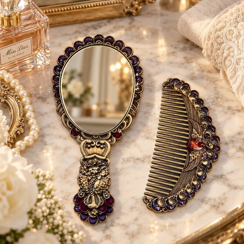 Mirror & Comb Set - Luxury Mirror & Comb Set 2-Piece – Ornate Gold Decorative Hand Mirror and Hair Comb with Jewel-Style Detailing (view 3)