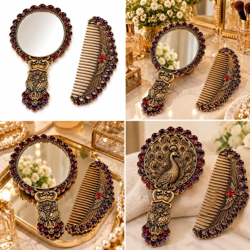Mirror & Comb Set - Luxury Mirror & Comb Set 2-Piece – Ornate Gold Decorative Hand Mirror and Hair Comb with Jewel-Style Detailing (view 2)