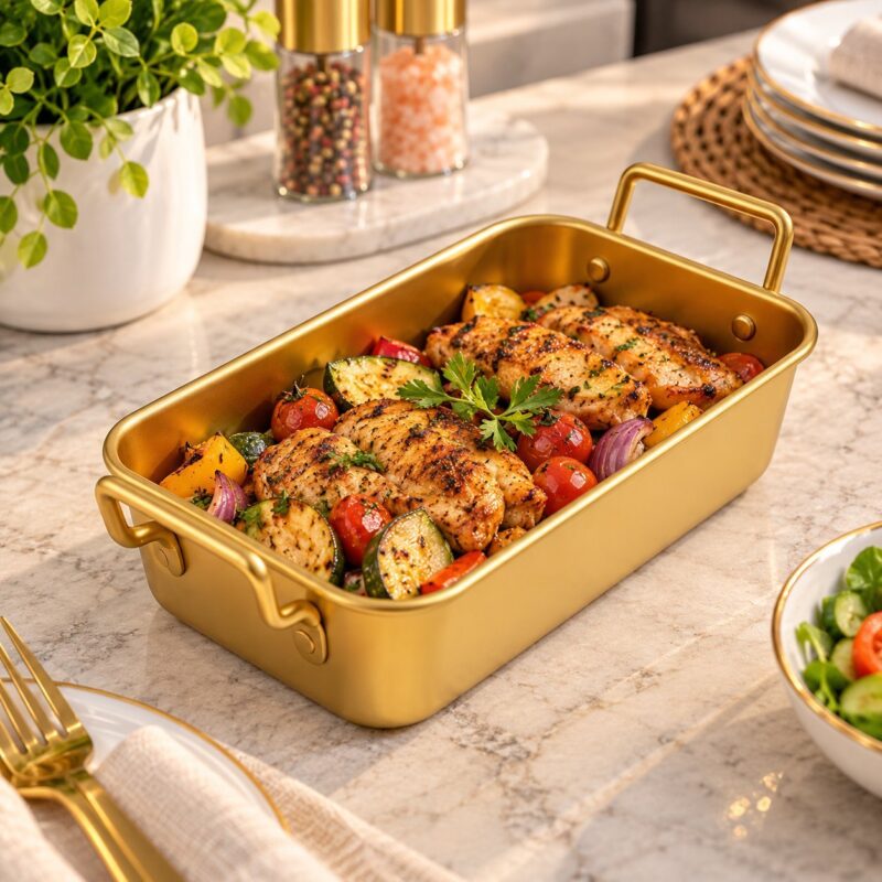 Serving Tray - Gold Stainless Steel Rectangular Serving Tray with Handles 2x – Luxury Food Serving Dish, Catering & Tabletop Serving Pan