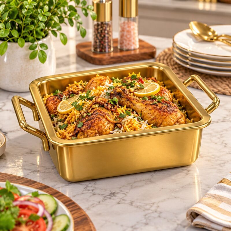 Serving Dish - Luxury Gold Stainless Steel Square Serving Dish with Handles 4X – Food Serving Tray, Catering & Buffet Serving Pan