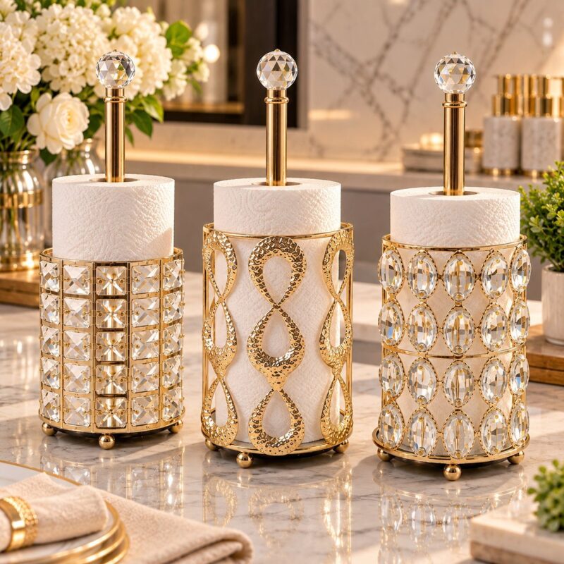 Tissue Holders - Luxury Gold Tissue Holders with Crystal-Style Decoration – Decorative Table Tissue Dispensers for Home, Bathroom, Hotel & Restaurant (view 2)