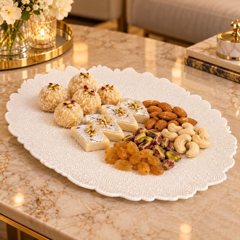 Ceramic Serving Tray - Luxury Ceramic Serving Tray 01-Piece– Decorative White Oval Scalloped Serving Platter with Embossed Pearl-Style Design for Dining, Parties, Catering & Home Décor (view 2)
