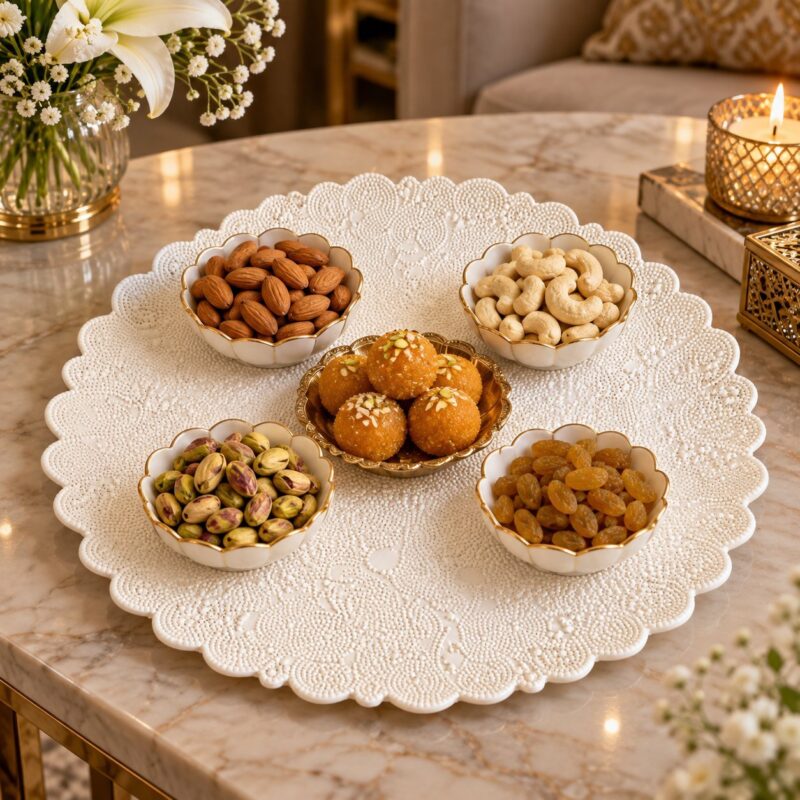 Acrylic Serving Tray - Luxury Round Acrylic Serving Tray 6X – White Decorative Scalloped Platter with Embossed Pearl Texture, Approx. 11 Inch, for Desserts, Parties, Dining & Home Décor