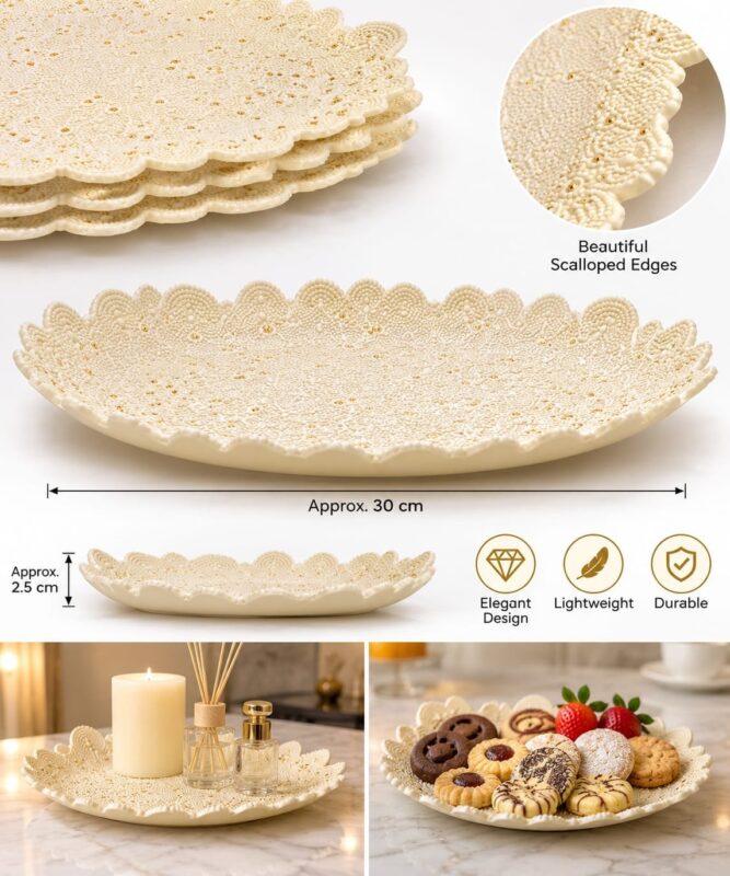 Acrylic Serving Tray - Luxury Round Acrylic Serving Tray 6X – White Decorative Scalloped Platter with Embossed Pearl Texture, Approx. 11 Inch, for Desserts, Parties, Dining & Home Décor (view 2)