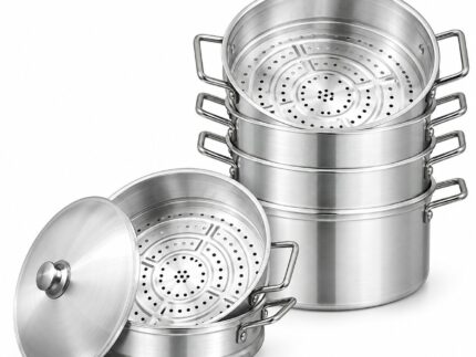 Stainless Steel Steamer Pot Set – Luxury Premium Multi-Tier Food Steamer with Stackable Perforated Steaming Baskets, Deep Round Cooking Pot, Double Side Handles & Matching Metal Lid for Vegetables, Dumplings, Fish, Rice Dishes & Healthy Steam Cooking