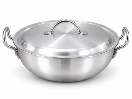 Aluminium Round Karahi with Lid – Luxury Premium Deep Traditional Cooking Kadai with Double Side Handles, Durable Silver Metal Finish, Even Heat Distribution for Curry, Biryani, Rice, Stir-Frying, Stewing & Everyday Family Kitchen Cooking