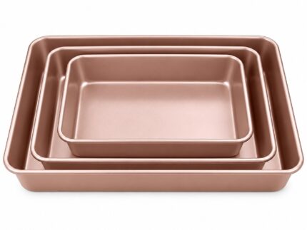 Luxury Rose Gold Rectangular Baking Tray Set of 3 – Premium Deep Metal Cake Baking Tins, Nesting Rectangular Oven Bakeware Pans with Smooth Coated Interior, Rounded Corners & Reinforced Rolled Rims for Brownies, Sponge Cakes, Lasagne, Roasting, Desserts &