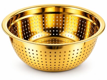 24cm Gold Stainless Steel Colander | Premium Deep Round Kitchen Strainer with Fine Drainage Holes | Luxury Gold Metal Bowl for Washing Vegetables, Fruits, Pasta, Rice & Food Preparation