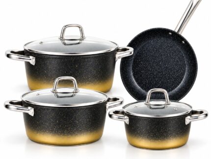 7 Piece Non Stick Die Cast Cookware Set | Black Gold Marble Coating Cooking Pots & Frying Pan | 20cm 24cm 28cm Casserole Pots with Glass Lids & 24cm Frying Pan | Gas & Induction Compatible Kitchen Cookware