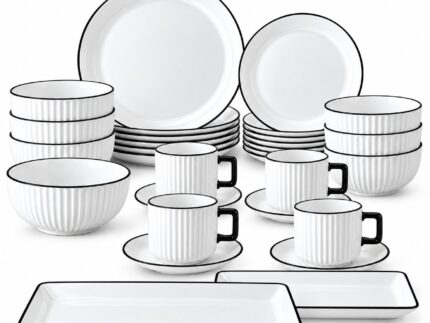 32 Piece White Ceramic Dinnerware Set with Black Trim – Ribbed Plates, Bowls, Cups, Saucers & Serving Platters