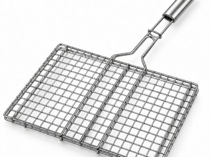 Stainless Steel BBQ Grill Basket with Metal Handle – Heavy Duty Double-Sided Wire Mesh Barbecue Grilling Rack for Meat, Fish, Chicken & Vegetables – 34 × 23 cm & 23 × 21 cm