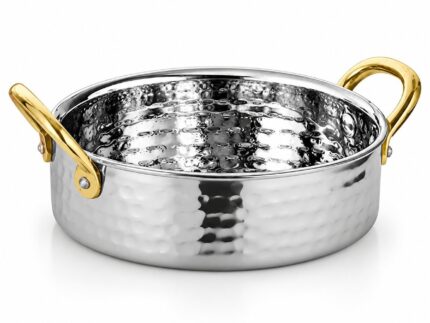 11cm Stainless Steel Hammered Sauce Pan with 2 Brass Side Handles – Mini Silver & Gold Round Curry Serving Dish, Traditional Indian Karahi Bowl for Sauces, Daal, Catering, Restaurants & Home Dining