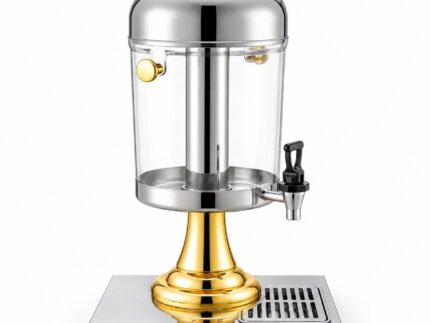 Luxury Single Head Gold Juice Dispenser with Tap – Stainless Steel & Transparent Beverage Server with Gold Pedestal Stand, Drip Tray and Lid for Weddings, Hotels, Restaurants, Catering, Buffets & Parties