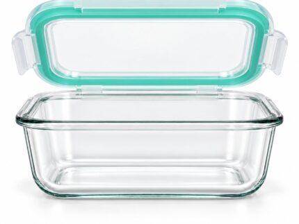 Rectangular Glass Food Storage Container with Mint Green Clip Lock Lid, Clear Glass Lunch Box, Reusable Meal Prep Container, Kitchen Food Storage Box for Lunch, Leftovers & Refrigerator Organisation