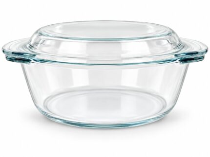 1.5L Borosilicate Glass Bowl with Lid, Clear Round Glass Serving Bowl with Side Handles, 1500ml Covered Food Storage Dish for Kitchen, Dining, Food Preparation & Table Serving