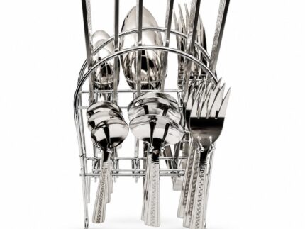 24 Piece Stainless Steel Cutlery Set with Stand, Silver Knife Fork Spoon Set for 6 People, Polished Metal Dinner Tableware with Cutlery Organiser Rack for Kitchen Dining