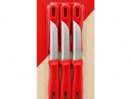 3 Piece Serrated Kitchen Knife Set with Red Handles – Stainless Steel Utility Knives, Sharp Cutting Blades for Vegetables, Fruits, Bread, Tomatoes & Everyday Food Preparation