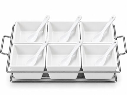 13 Piece Square Serving Bowl Set with Spoons & Metal Rack – 6 White Condiment Bowls, 6 Serving Spoons & Silver Holder, Buffet Salad Toppings, Sauces, Dips & Appetiser Serving Set
