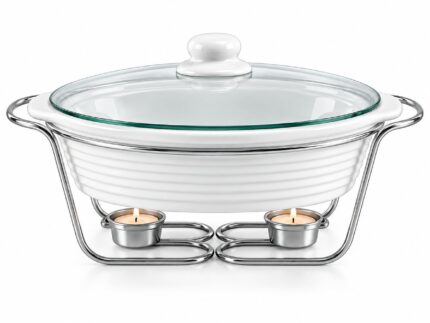 15 Inch Oval Casserole Dish with Warmer & Glass Lid – White Porcelain Baking and Serving Dish with Stainless Steel Style Stand, 2 Tealight Candle Holders, Elegant Buffet Food Warmer