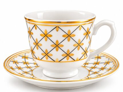 Luxury Ceramic Tea Cups and Saucers Set of 6 – White & Gold Geometric Pattern Coffee Cups, 220cl Capacity, 12 Piece Premium Tea Set for Home, Dining, Afternoon Tea & Gifts