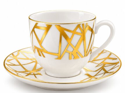 Luxury White & Gold Ceramic Tea Cups and Saucers Set of 6 – 12 Piece Premium Coffee Cup Set with Modern Gold Geometric Pattern, Matching Saucers for Afternoon Tea, Home Dining & Gifts