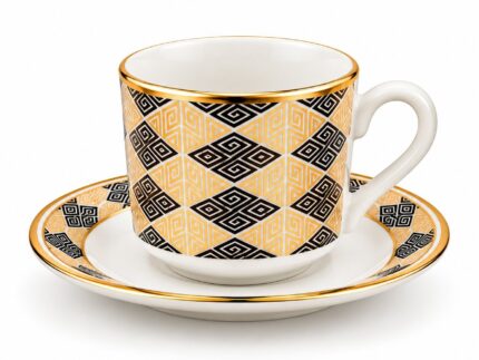 Luxury Ceramic Tea Cups and Saucers Set of 6 – 12 Piece Black, White & Gold Geometric Coffee Cup Set, Premium Ceramic Tea Set for Home, Afternoon Tea, Dining & Gifts