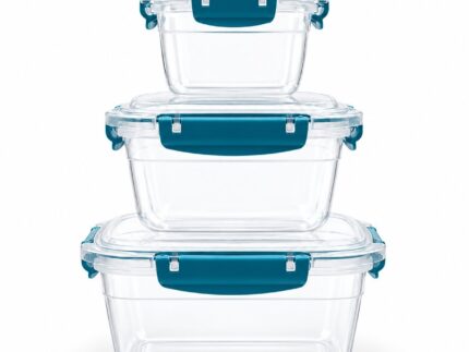 3 Piece Square Food Storage Container Set with Click Lock Lids – 300ml, 600ml & 1400ml Clear Plastic Kitchen Storage Boxes, Leakproof BPA Free Food Containers for Meal Prep, Lunch & Leftovers