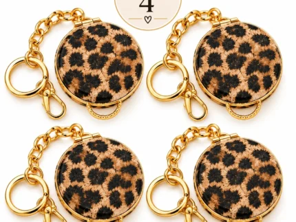 4x Leopard Print Compact Keyring Mirrors – Elegant Round Gold Handbag Charms